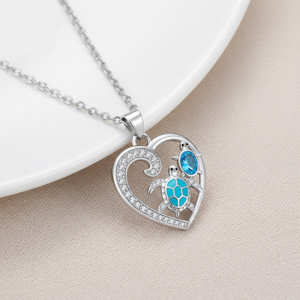 Romantic Blue Sea Turtle Heart Necklace