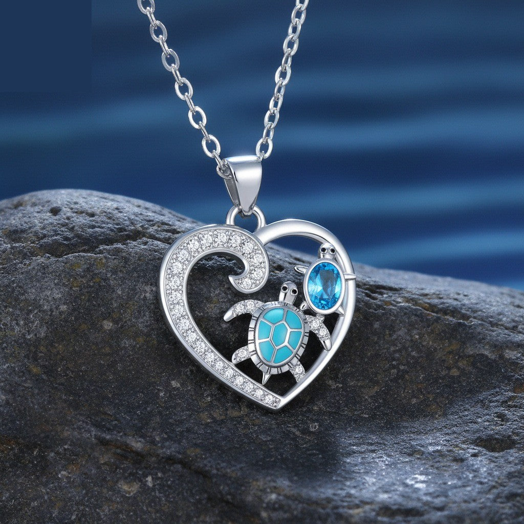 Romantic Blue Sea Turtle Heart Necklace