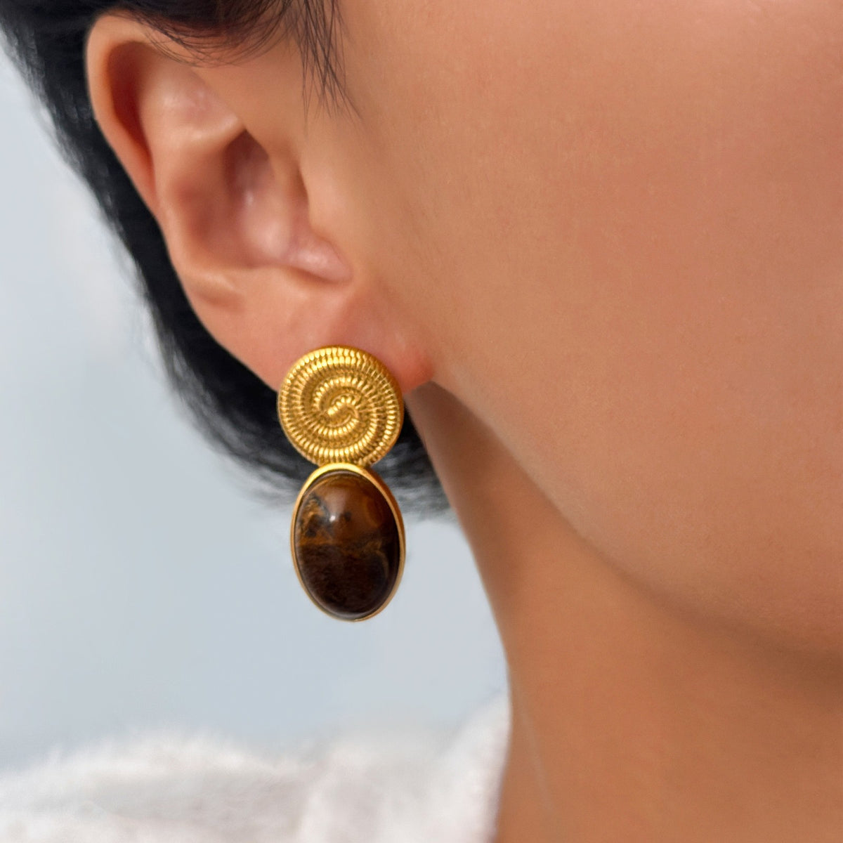 18k Boho Tiger Eye Spiral Earrings
