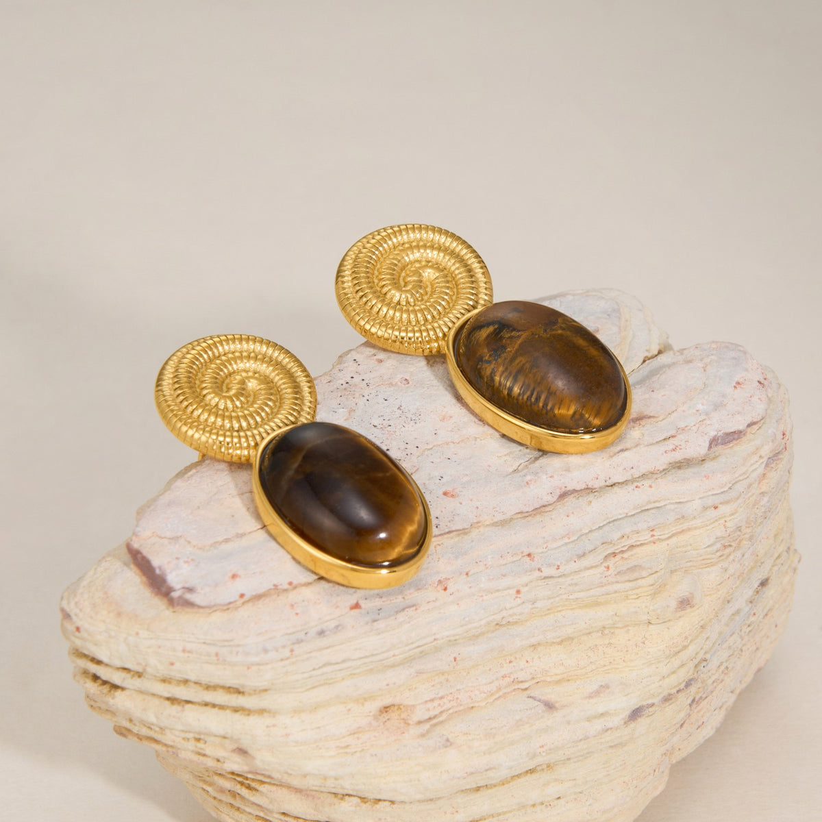 18k Boho Tiger Eye Spiral Earrings