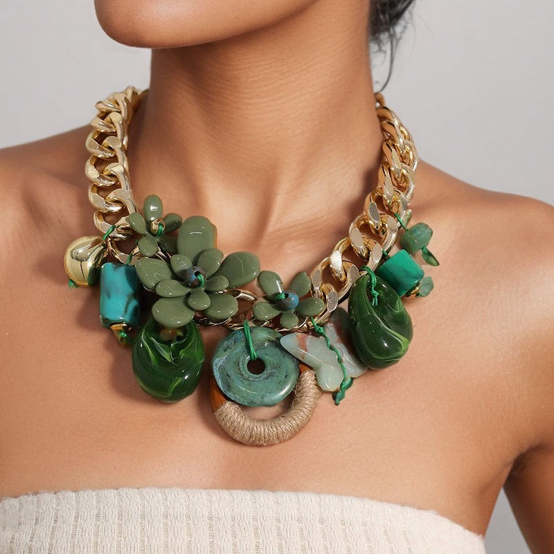 Classy Black Floral Resin Statement Necklace
