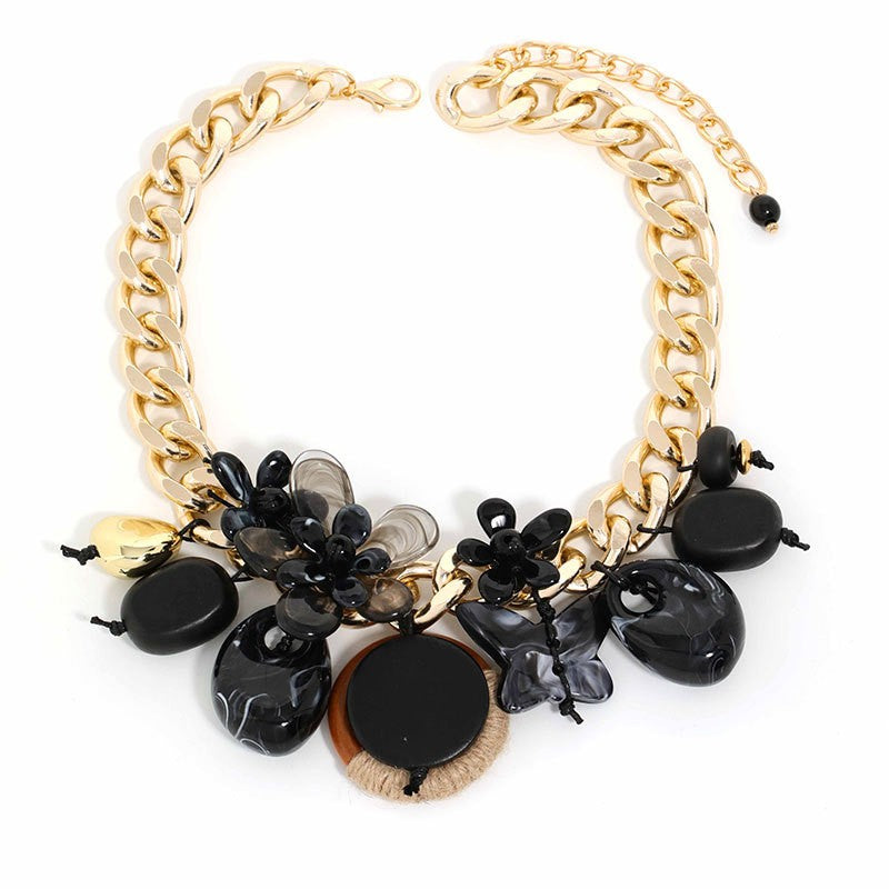 Classy Black Floral Resin Statement Necklace