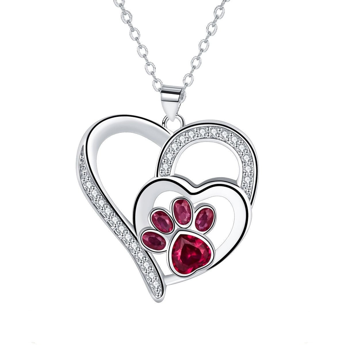 Romantic Red Paw Print Heart Necklace