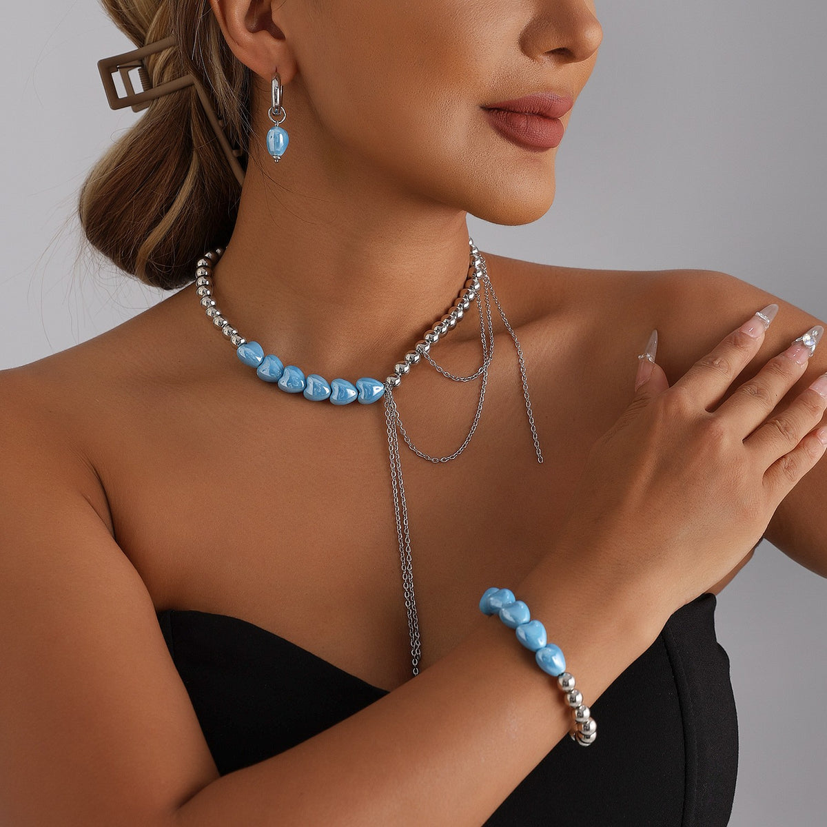 Classy Blue Heart Bead Necklace, Bracelet & Earring Set