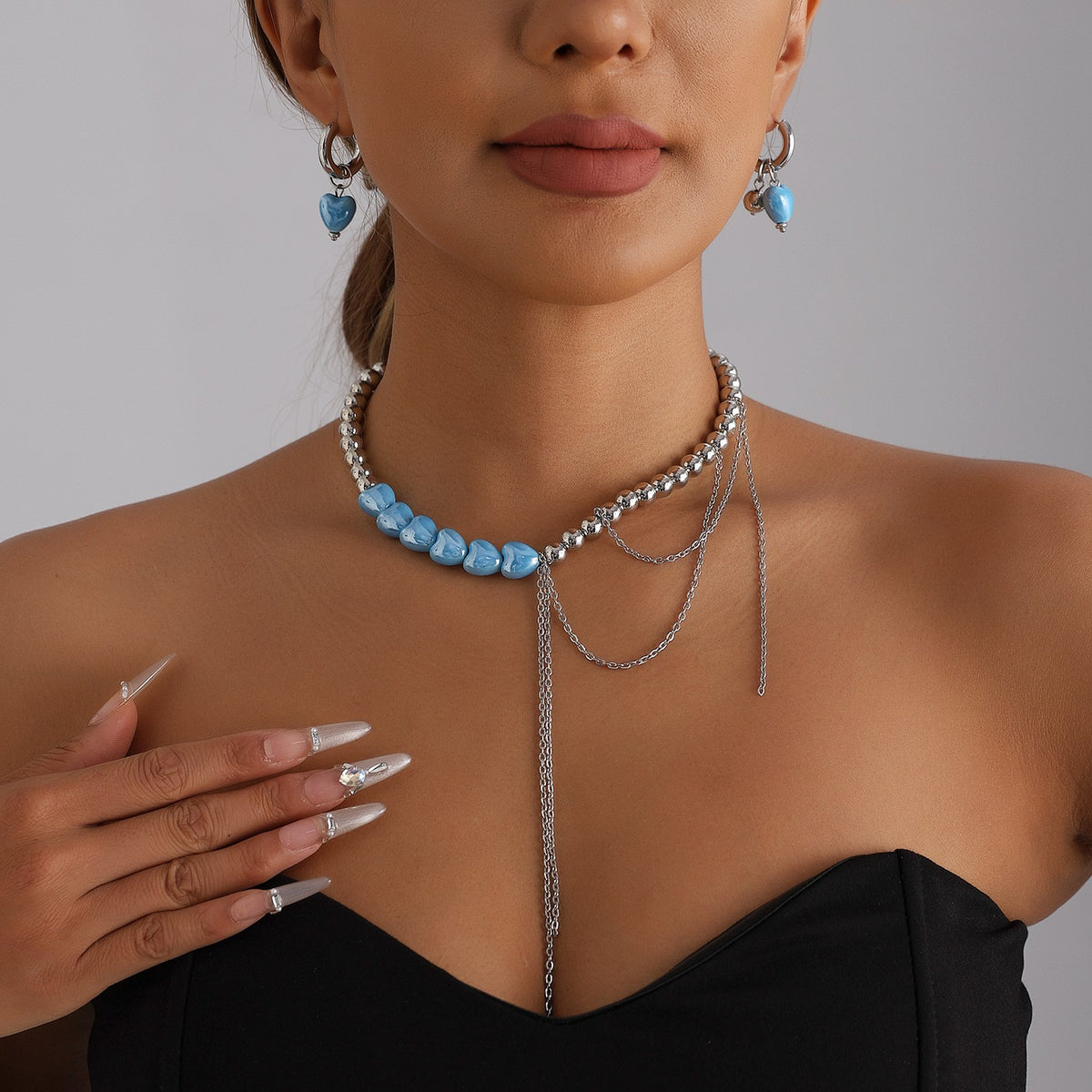 Classy Blue Heart Bead Necklace, Bracelet & Earring Set