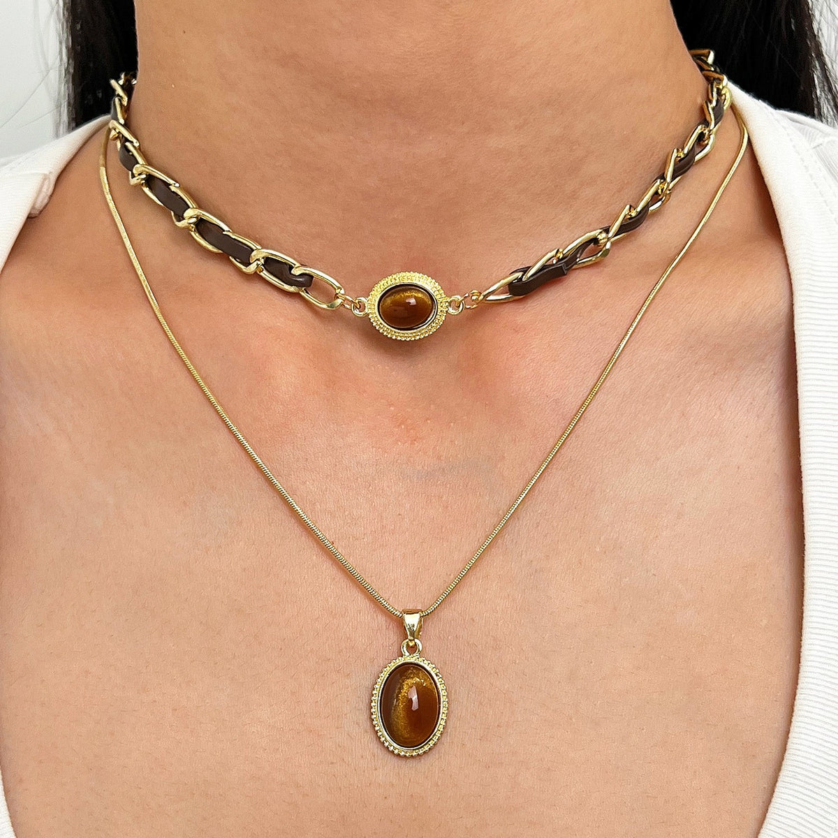 Vintage Tiger Eye Link Choker & Pendant Necklace
