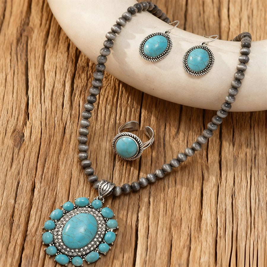 3pc Vintage Faux Turquoise Beaded Necklace, Earring & Ring Set