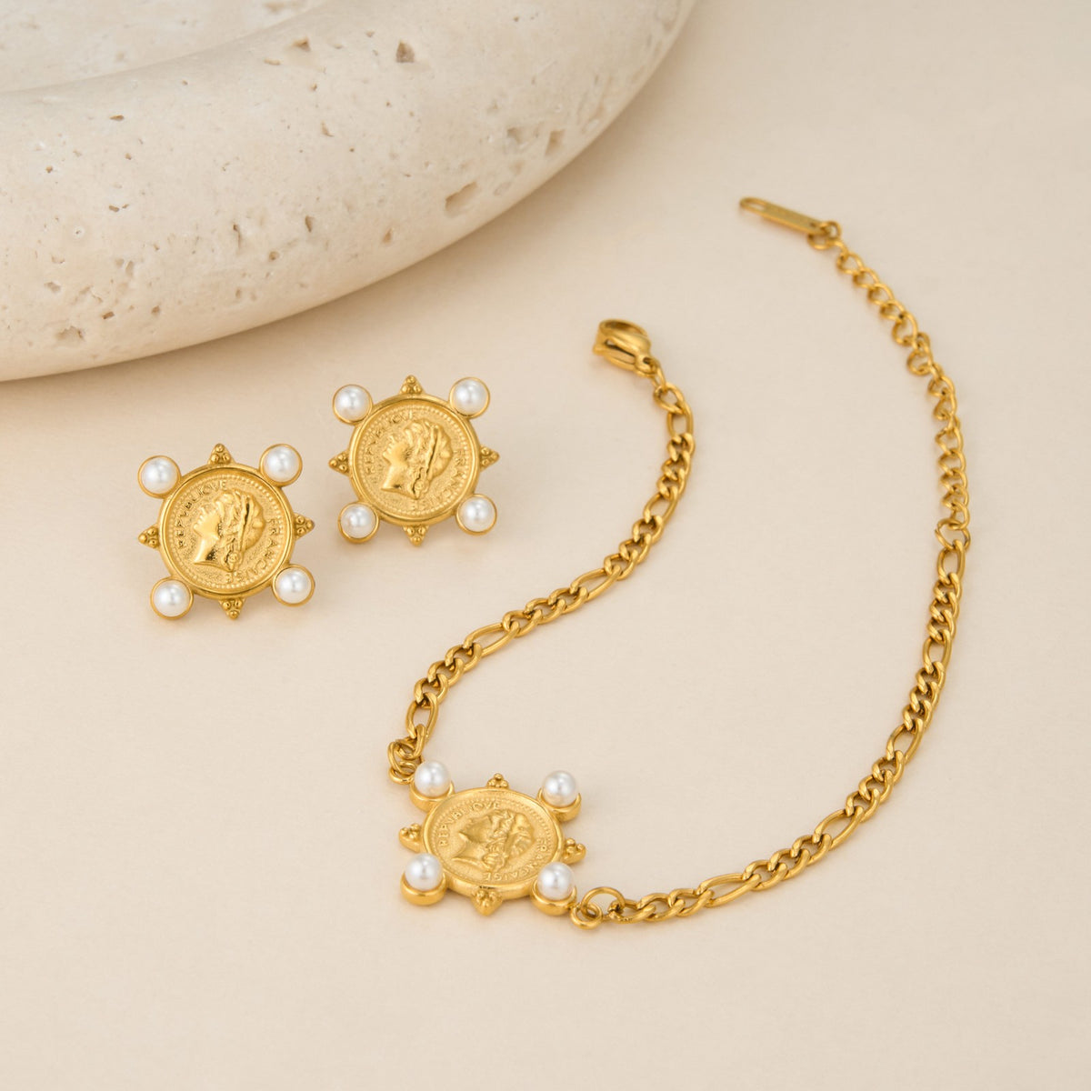 Vintage Coin Pearl Necklace, Bracelet & Earring Set