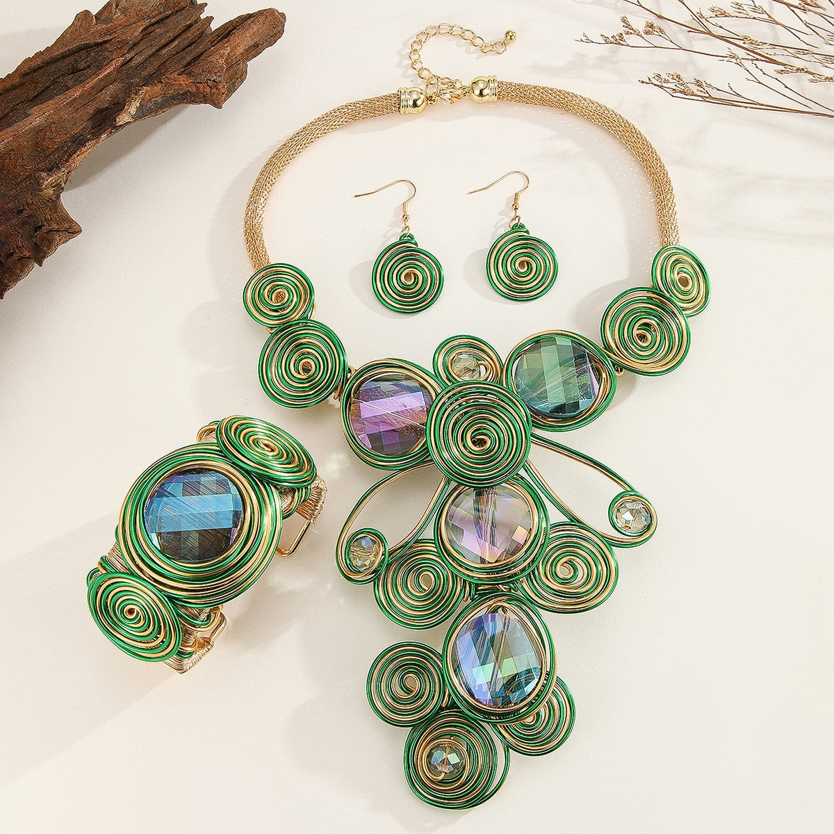 3pc Vintage Spiral Glass Necklace, Bracelet & Earring Set