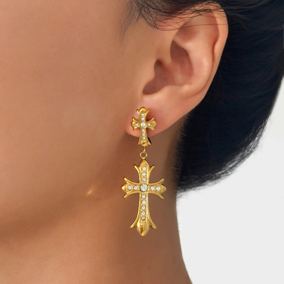 18k Dainty Double Cross Drop Earrings