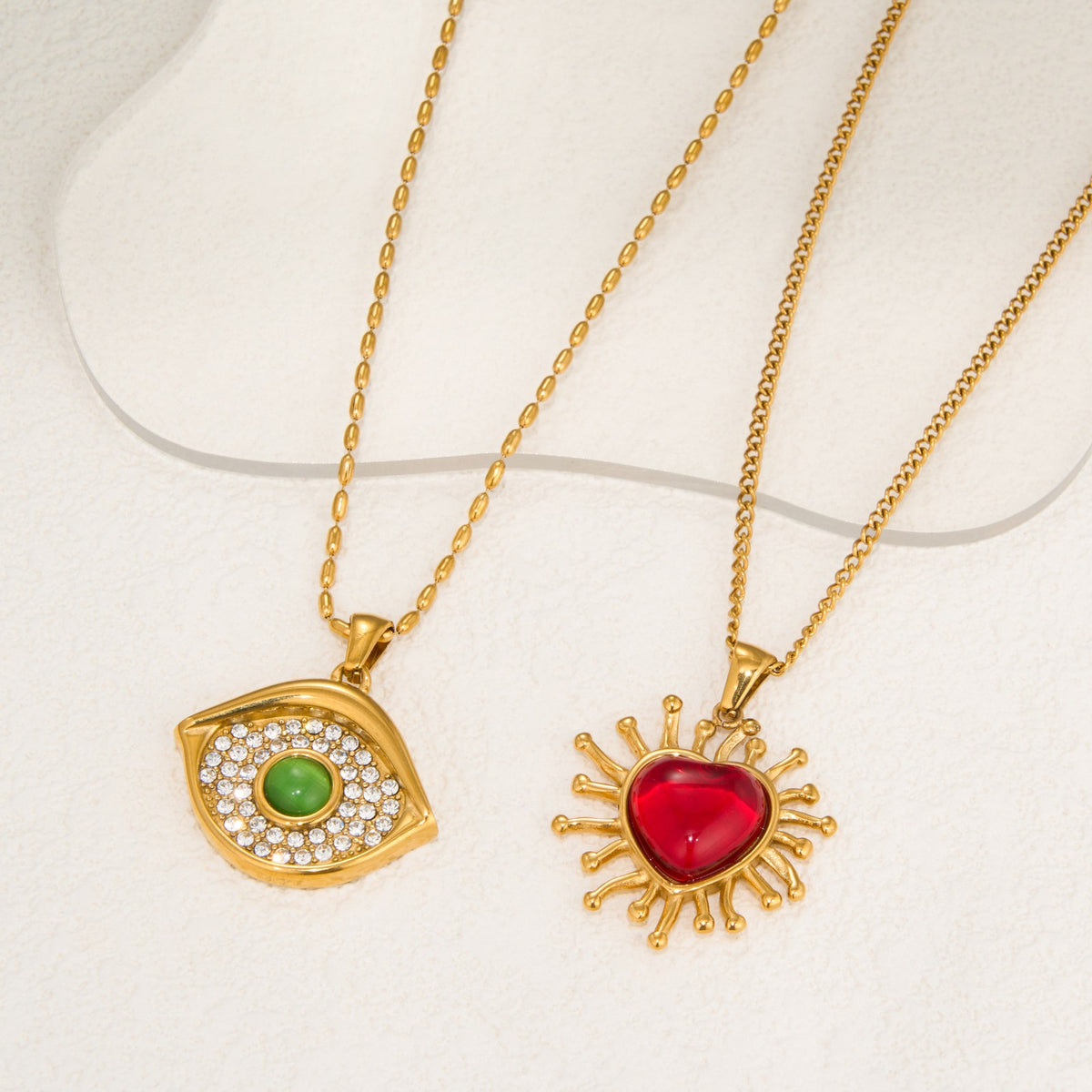 18k Boho Evil Eye & Heart Necklace Set