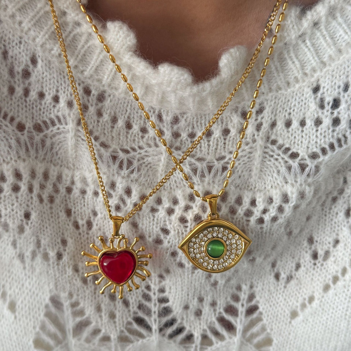 18k Boho Evil Eye & Heart Necklace Set