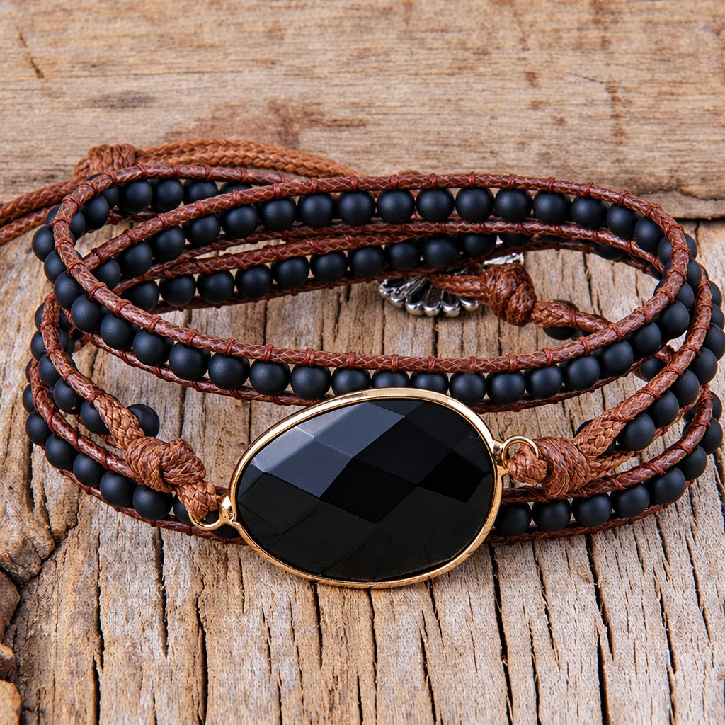 Boho Layered Oval Stone Wrap Bracelet
