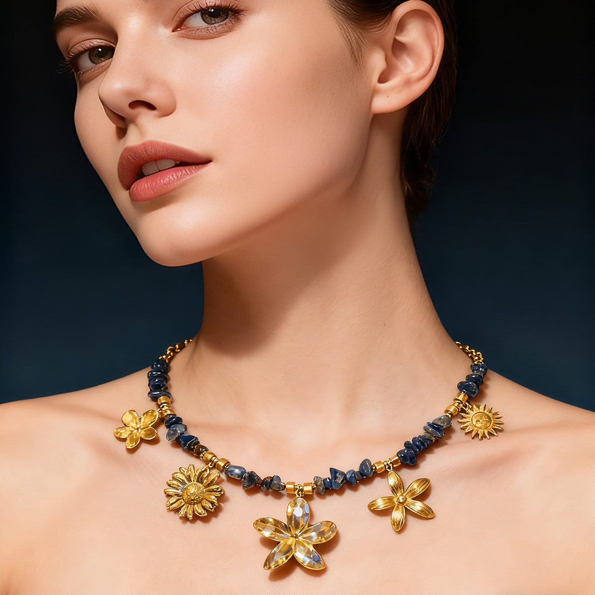 18k Boho Lapis Flower Necklace