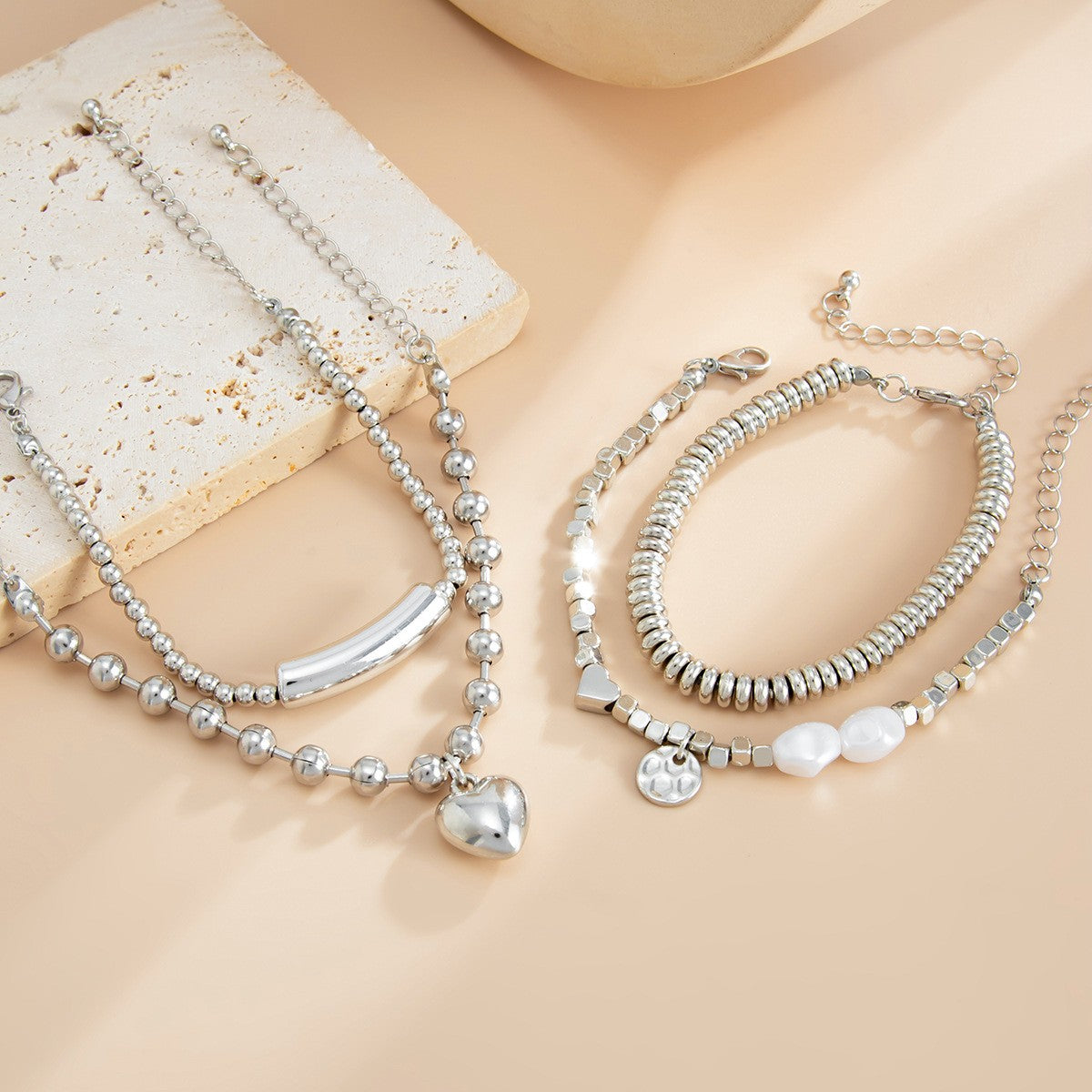 Classy Baroque Pearl & Heart Charm Bracelet Set