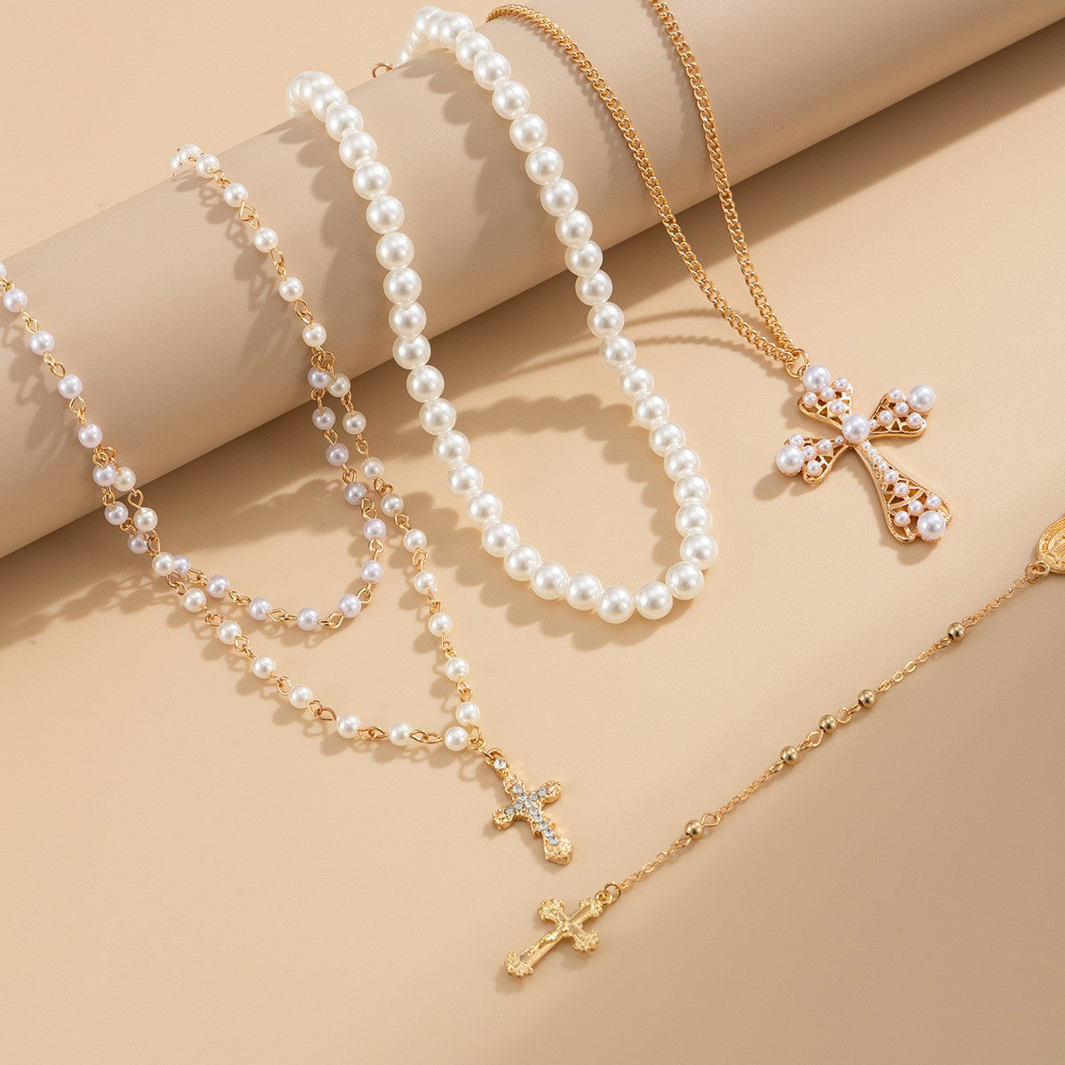 Elegant Beaded Pearl & Cross Y-Necklace