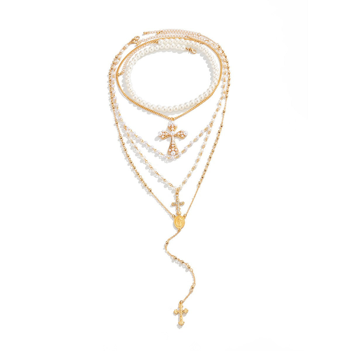 Elegant Beaded Pearl & Cross Y-Necklace