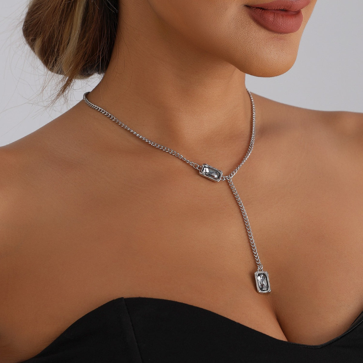 Classy Geometric Square Rhinestone Y-Necklace