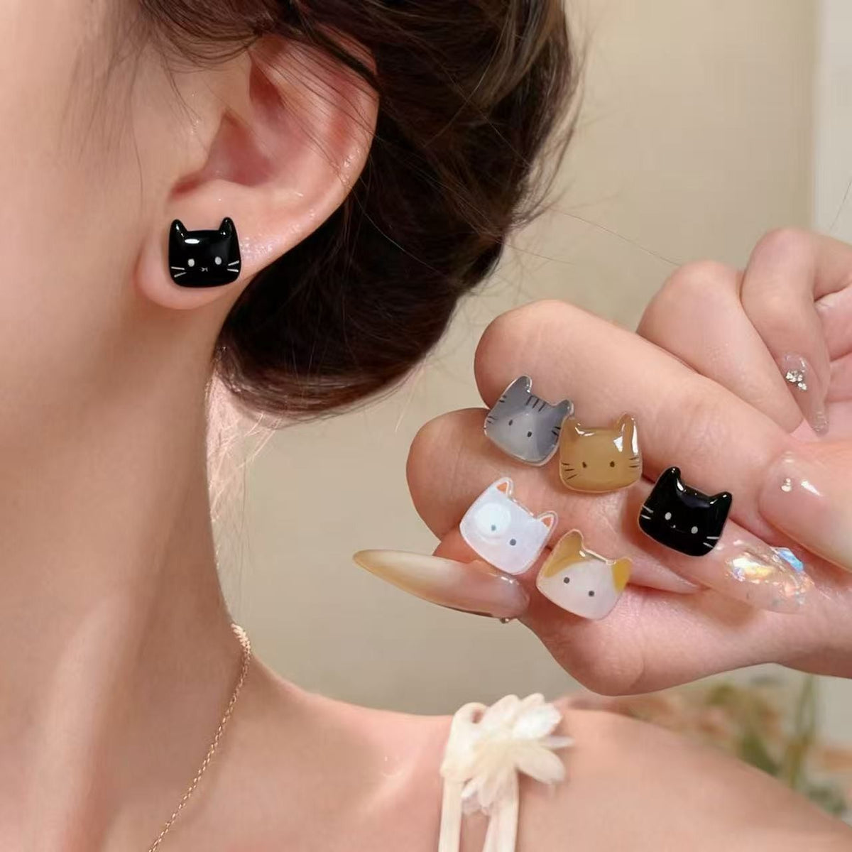 Dainty Pastel Resin Cat Stud Earrings