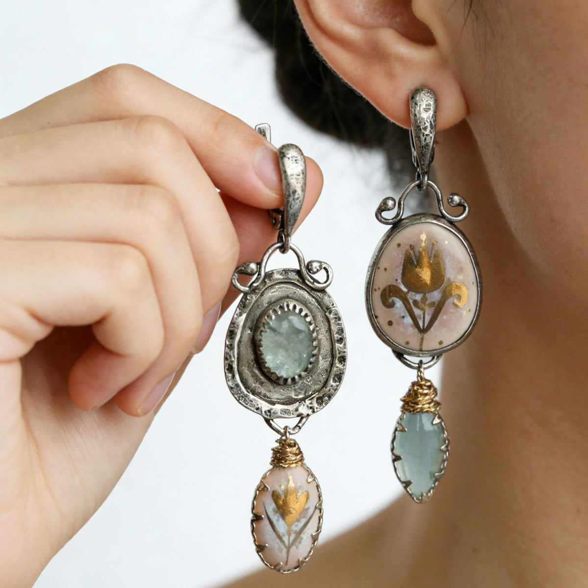 Vintage Asymmetrical Floral Enamel Dangle Earrings
