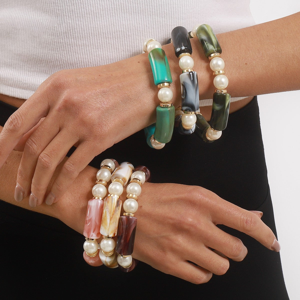 Boho Marbled Resin & Pearl Stretch Bracelet Set