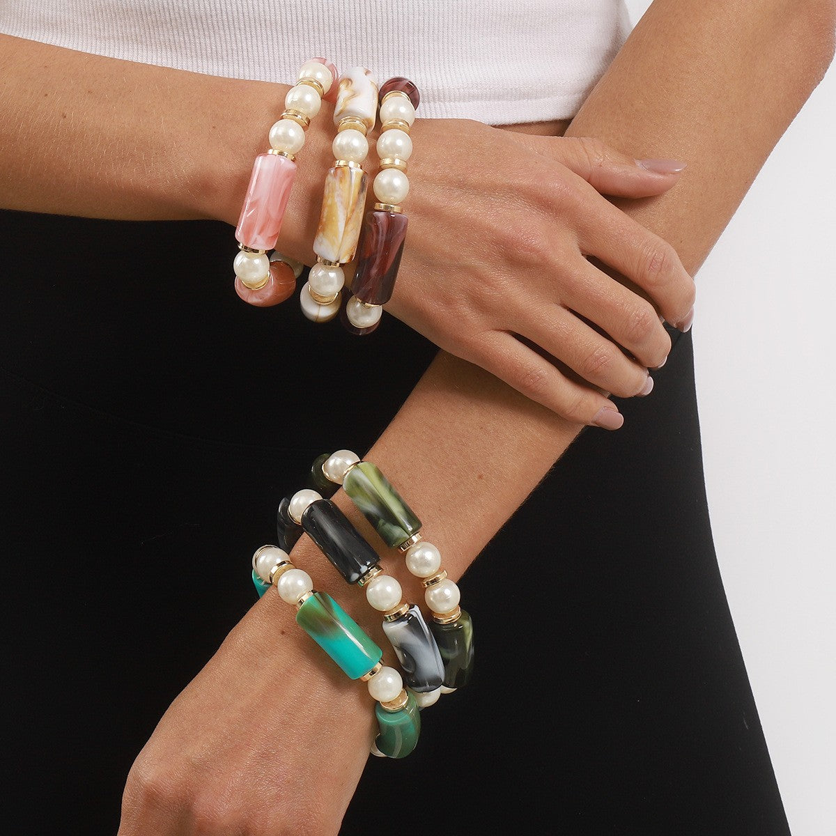 Boho Marbled Resin & Pearl Stretch Bracelet Set