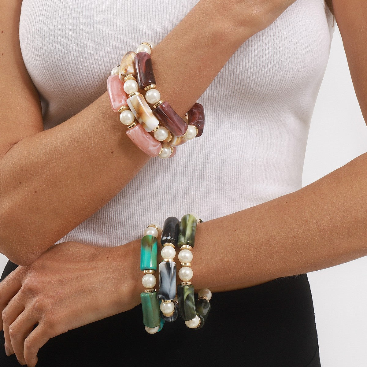 Boho Marbled Resin & Pearl Stretch Bracelet Set