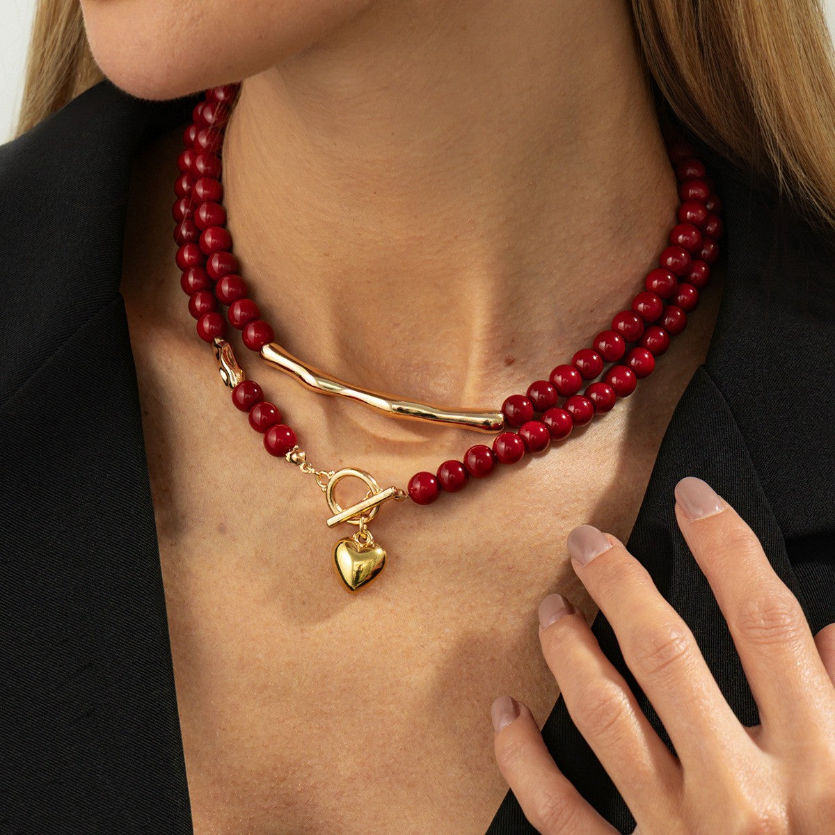 Romantic Red Beaded Bar OT Necklace