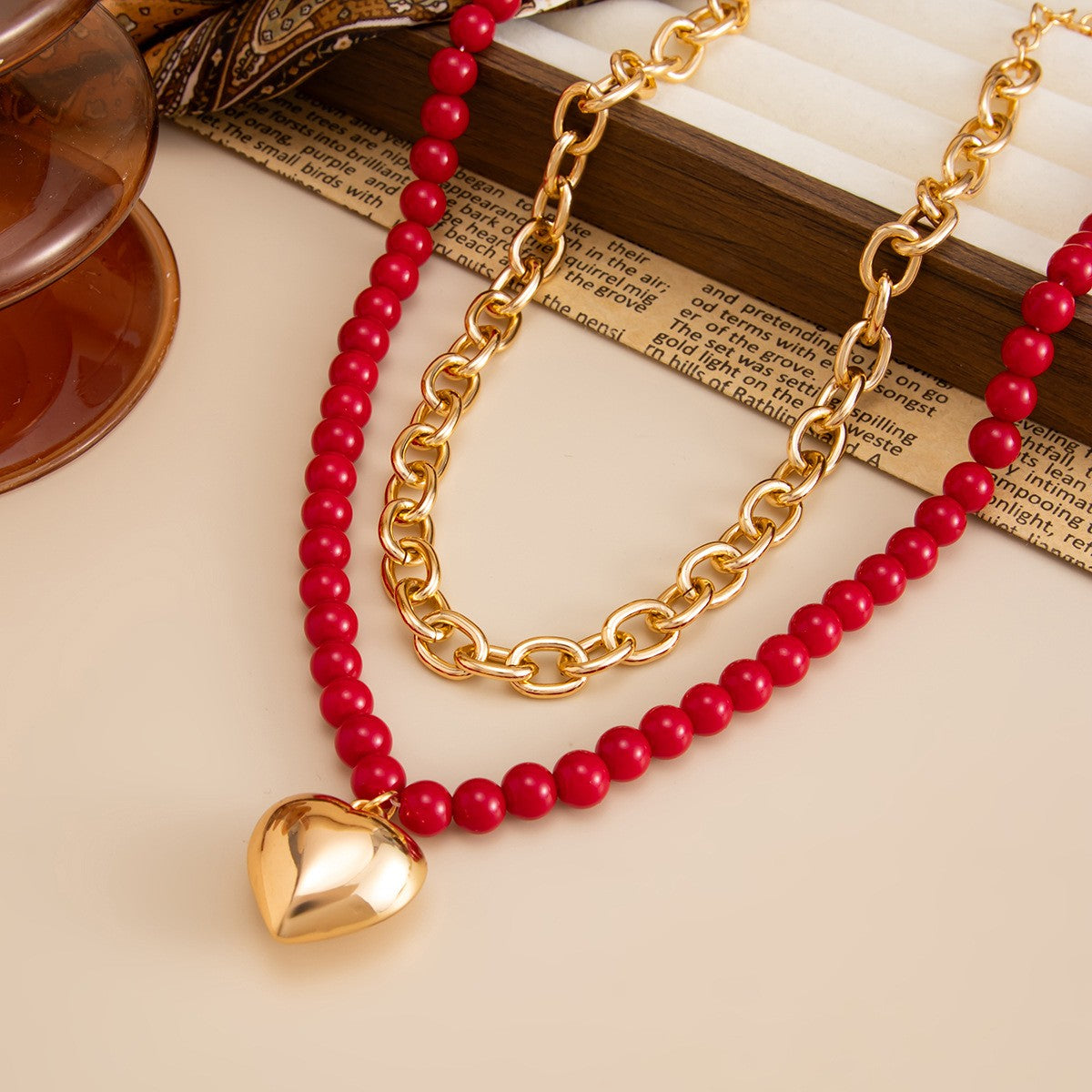 Romantic Red Beaded Bar OT Necklace