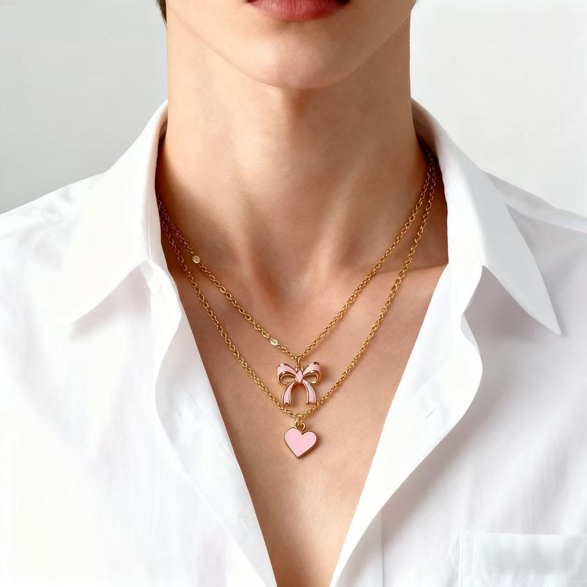 Dainty Pink Bow and Heart Layered Necklace