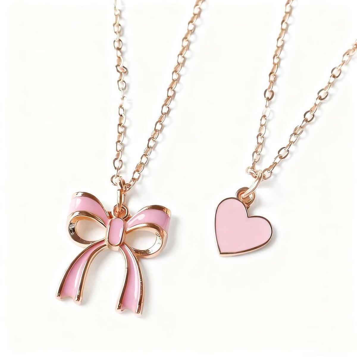 Dainty Pink Bow and Heart Layered Necklace