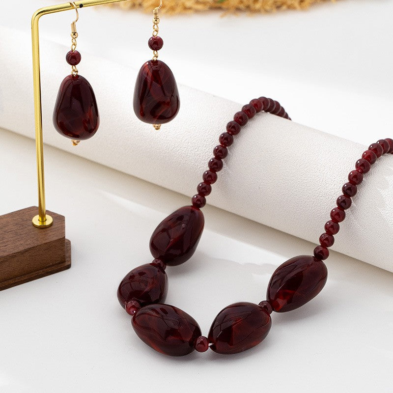 Vintage Wine Red Marble Bead Necklace & Earring Set