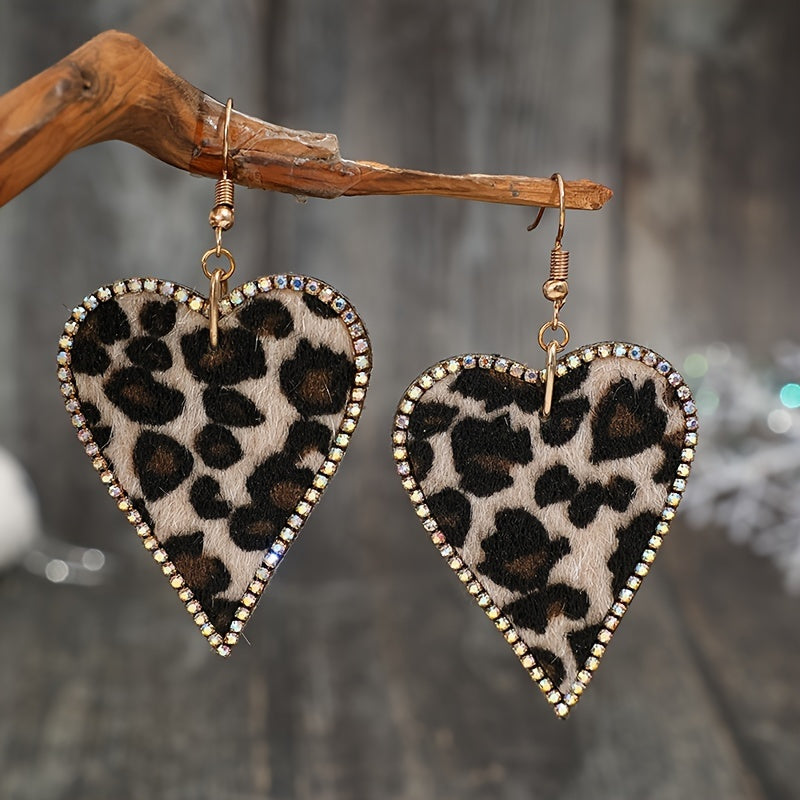 Leopard Print CZ Accented Heart Drop Earrings