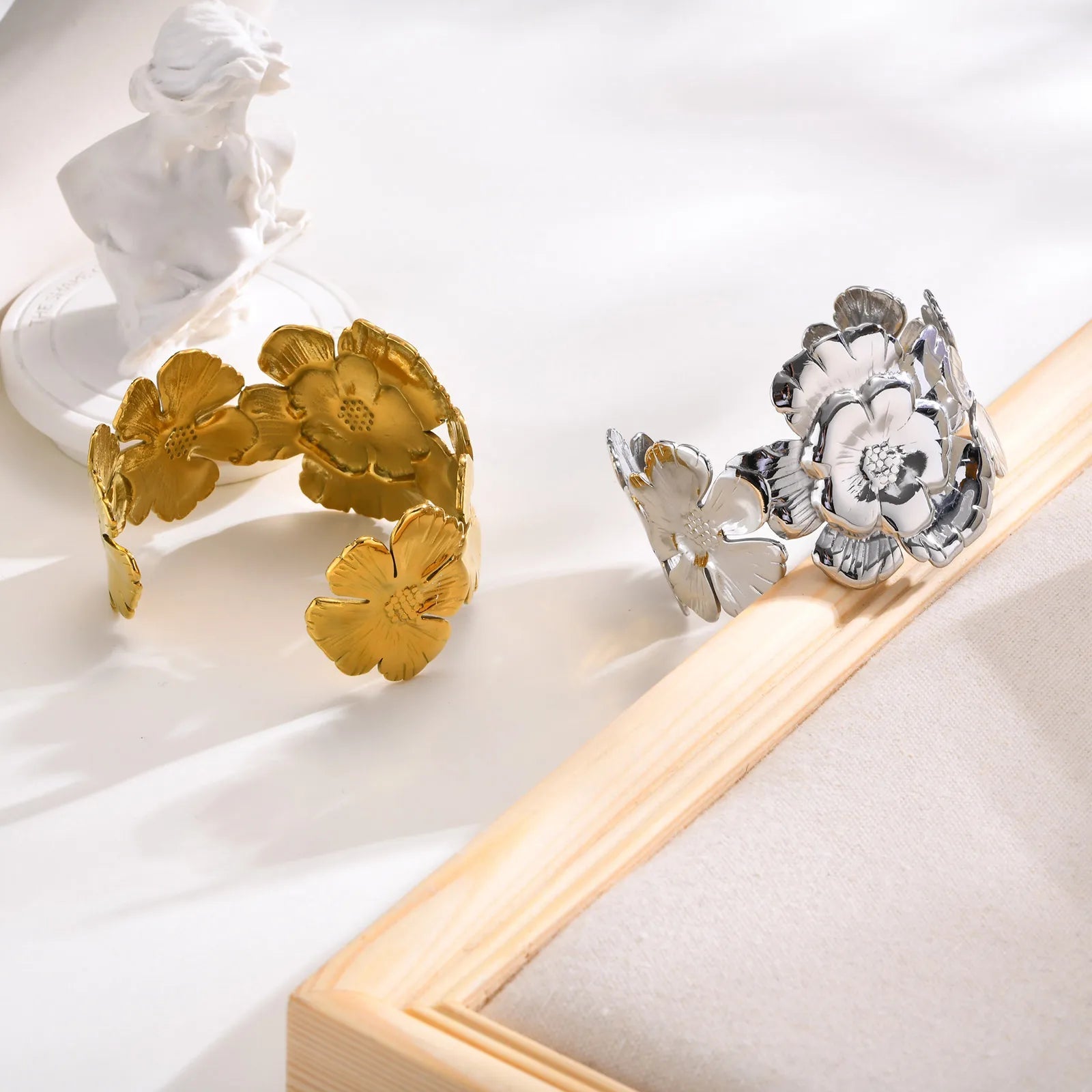 18k Floral Cuff Bangle Bracelets - Veinci