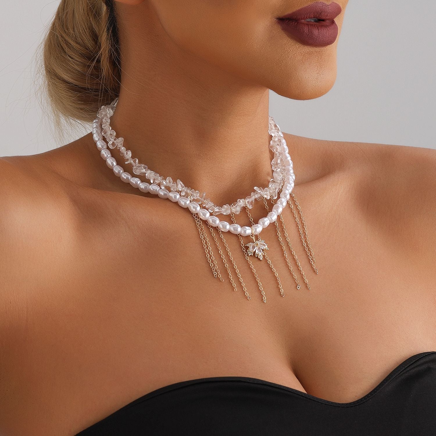 2pc Irregular Pearl & Crystal Maple Leaf Necklace