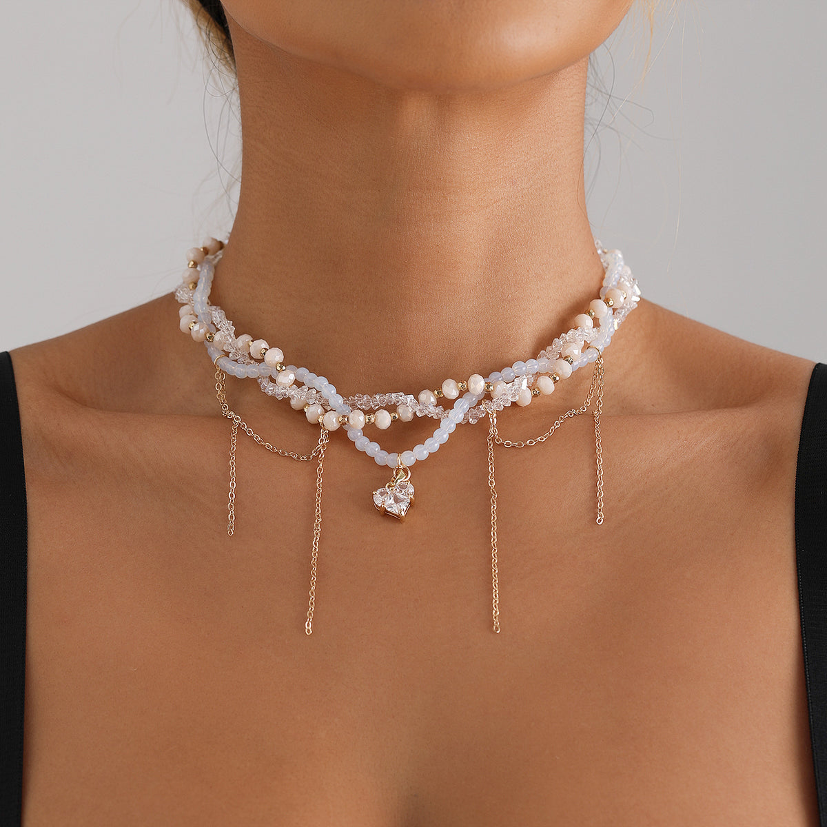 Intertwined Beaded Crystal Heart Necklace