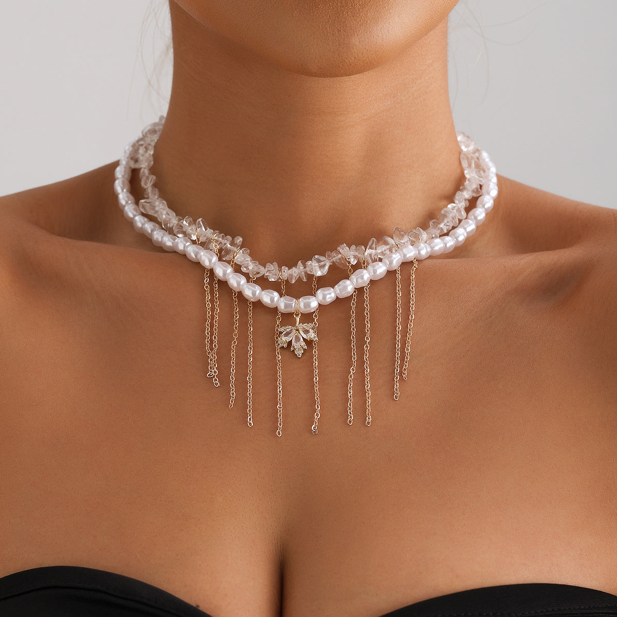 2pc Irregular Pearl & Crystal Maple Leaf Necklace