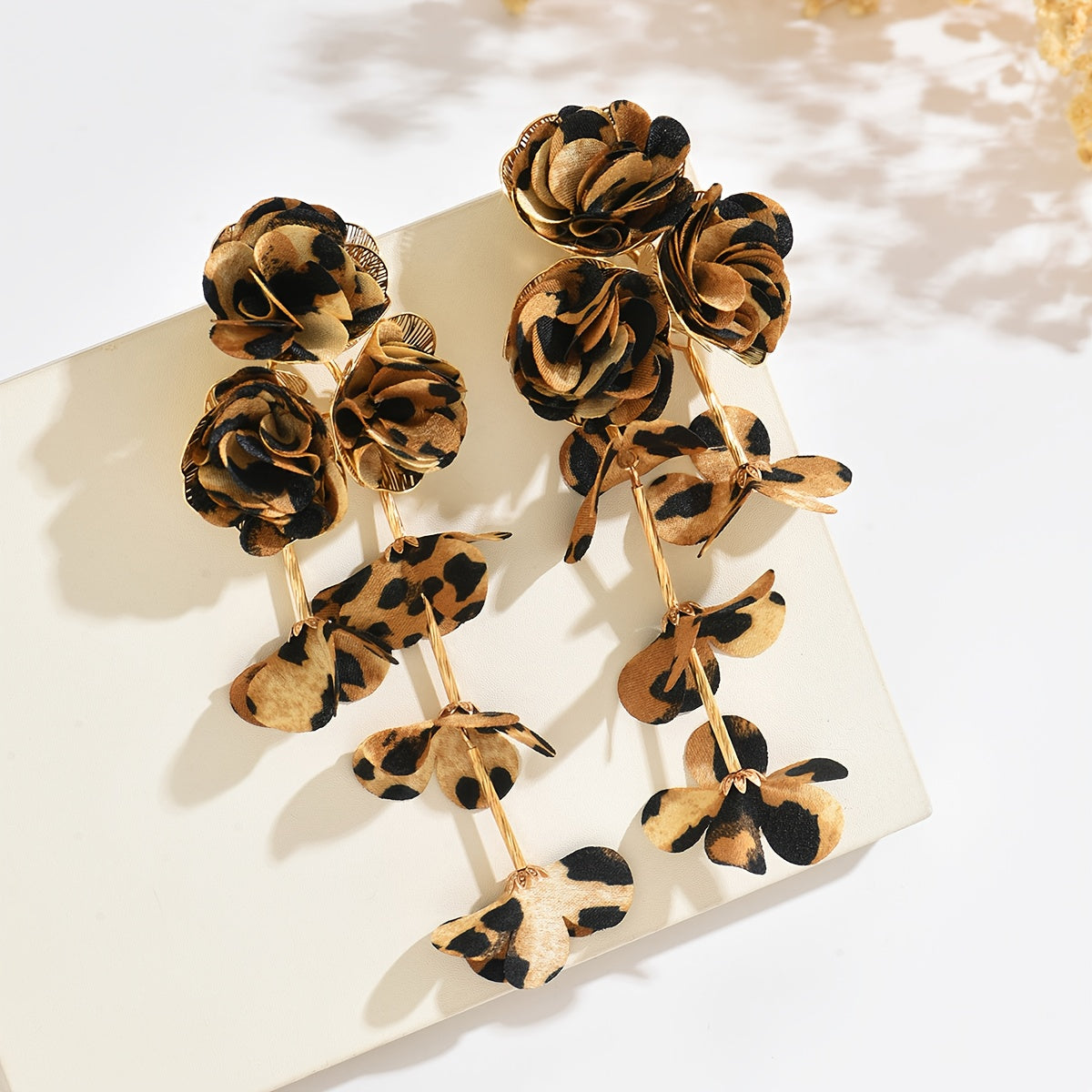 Leopard Print Fabric Flower Cascade Earrings