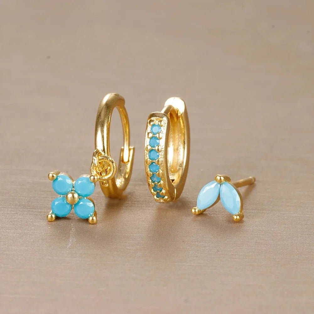 3pc Dainty Floral Huggie Whale Earrings Set - Veinci