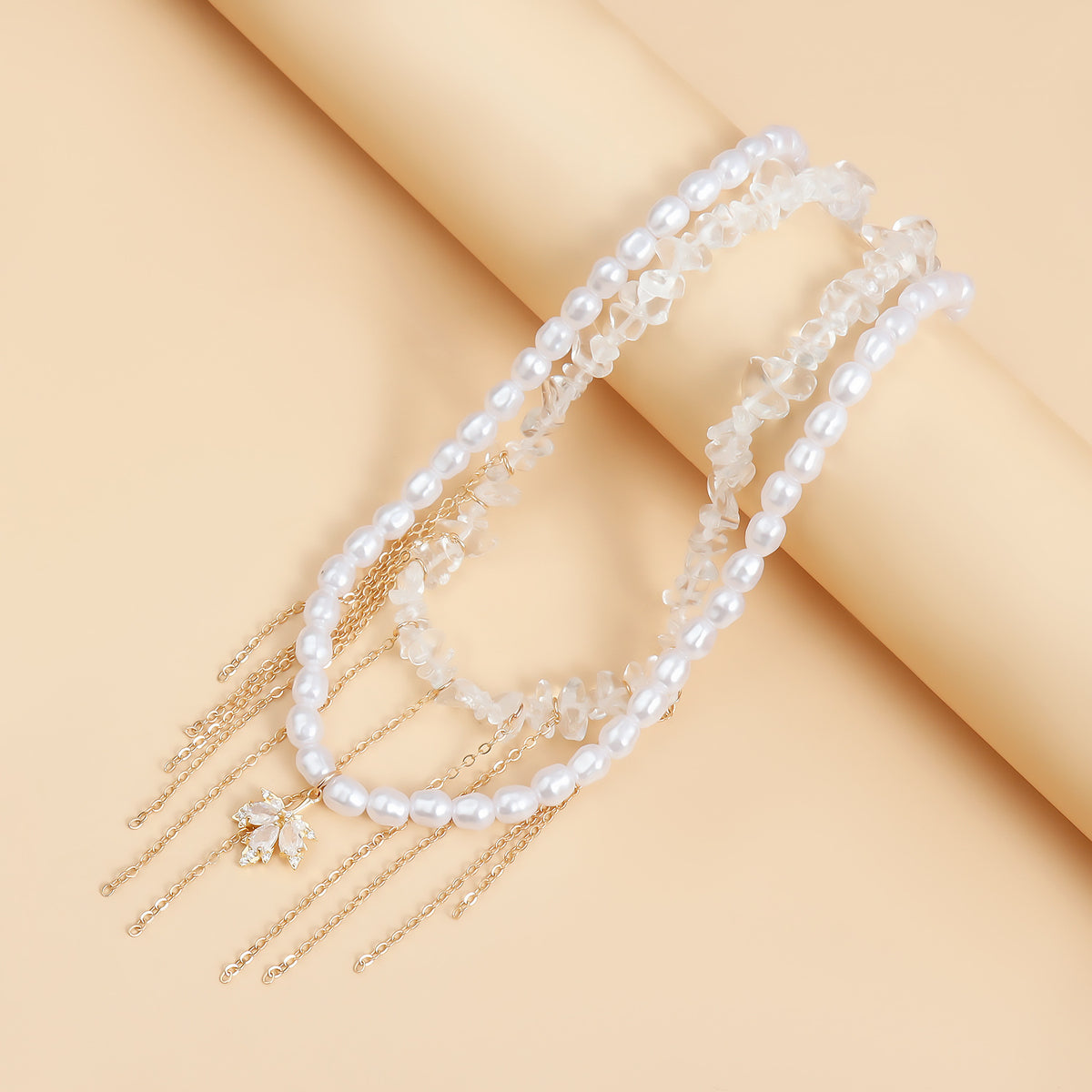 2pc Irregular Pearl & Crystal Maple Leaf Necklace