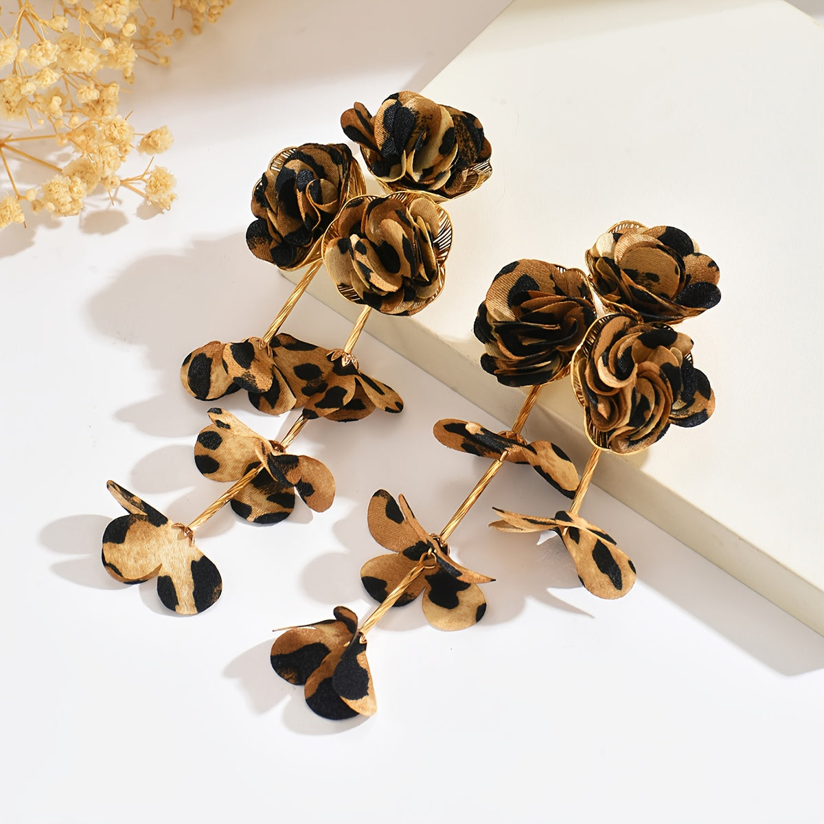 Leopard Print Fabric Flower Cascade Earrings