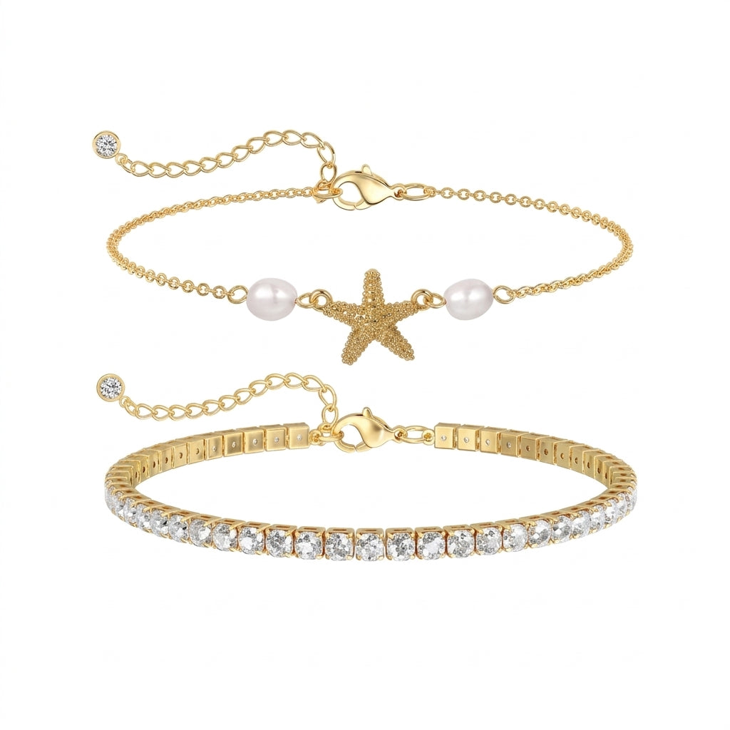 2pc Starfish & Tennis Anklet Set