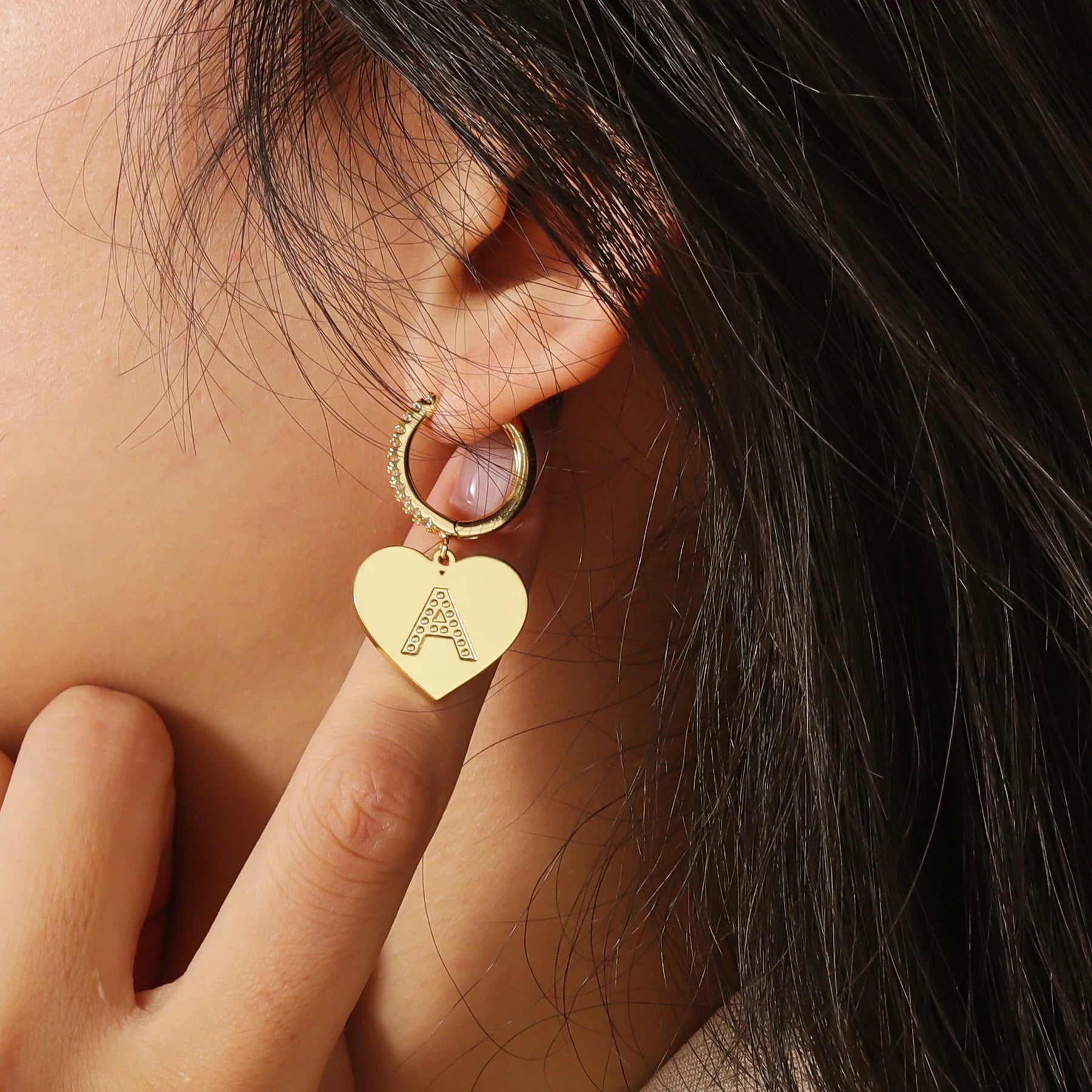 Elegant Huggie Hoop Heart Letter Initial Earrings