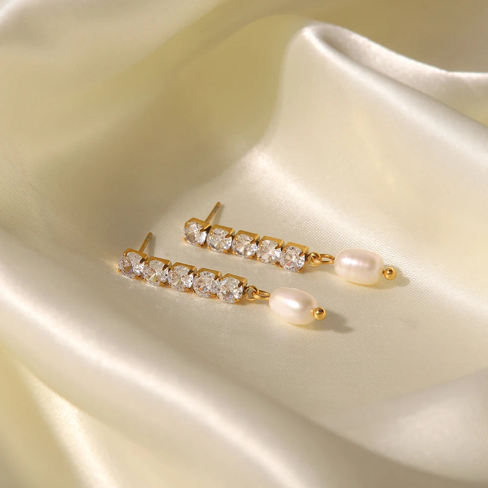 18k Dainty Diamond Tassel Pearl Dangle Earrings