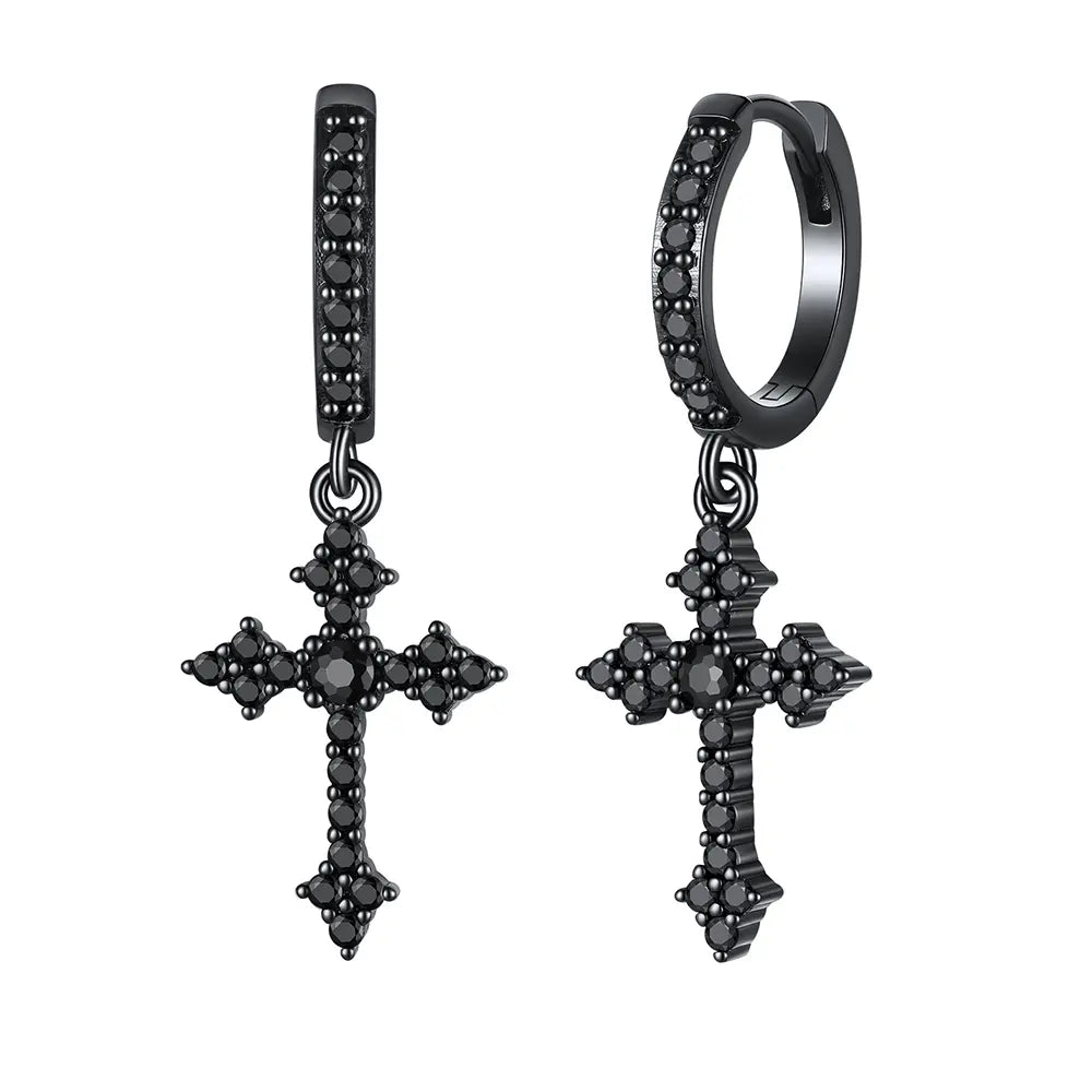 14k Sparkling Cross Dangle Hoop Earrings
