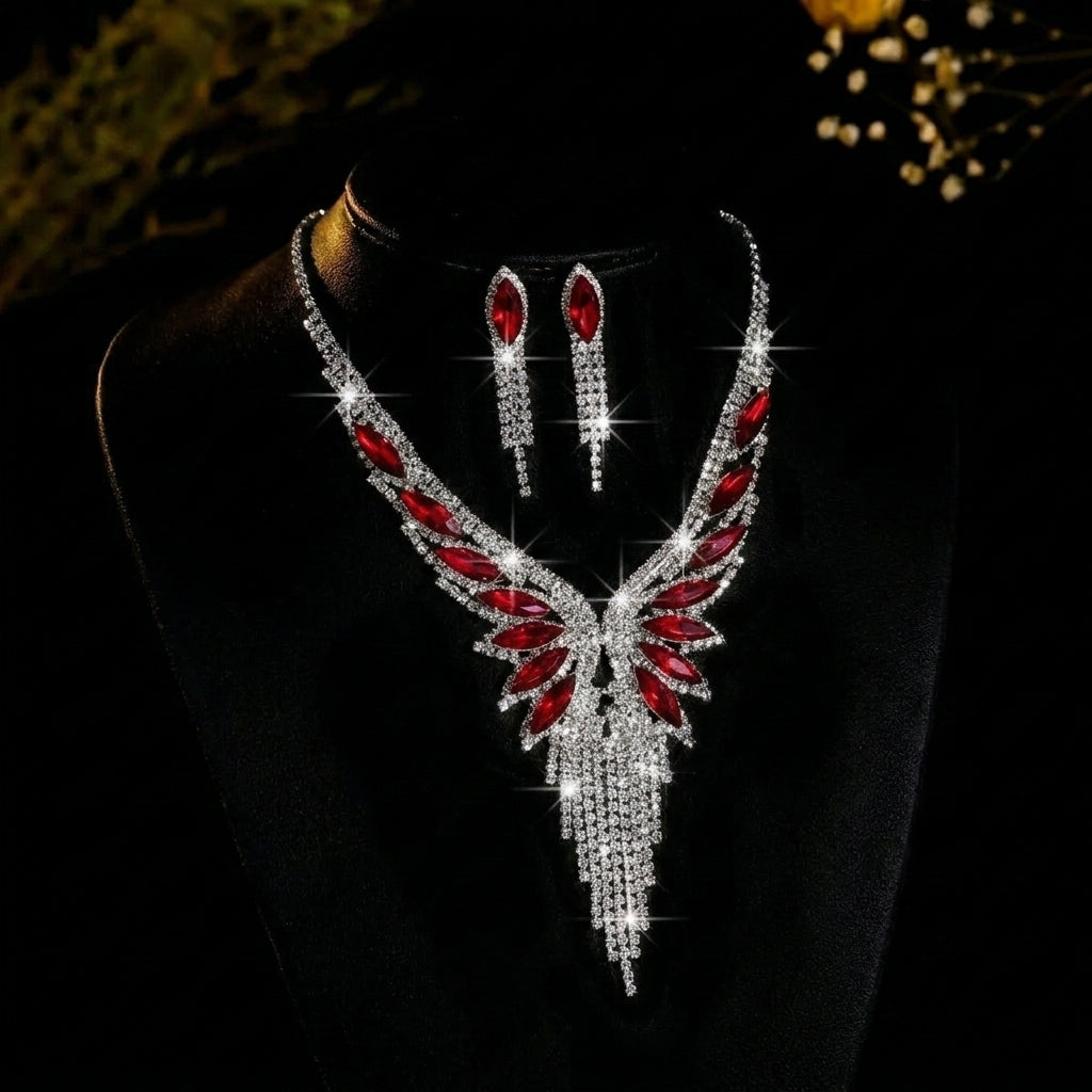 Elegant CZ Accented Wing Necklace & Earrings Set