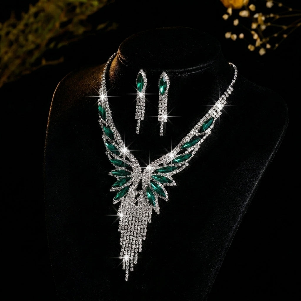 Elegant CZ Accented Wing Necklace & Earrings Set