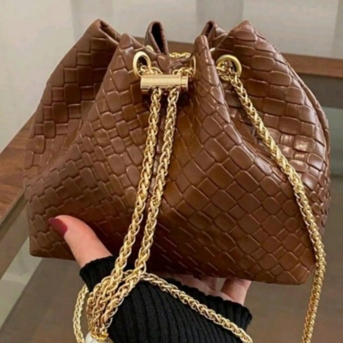 Boho Woven Drawstring Bucket Bag