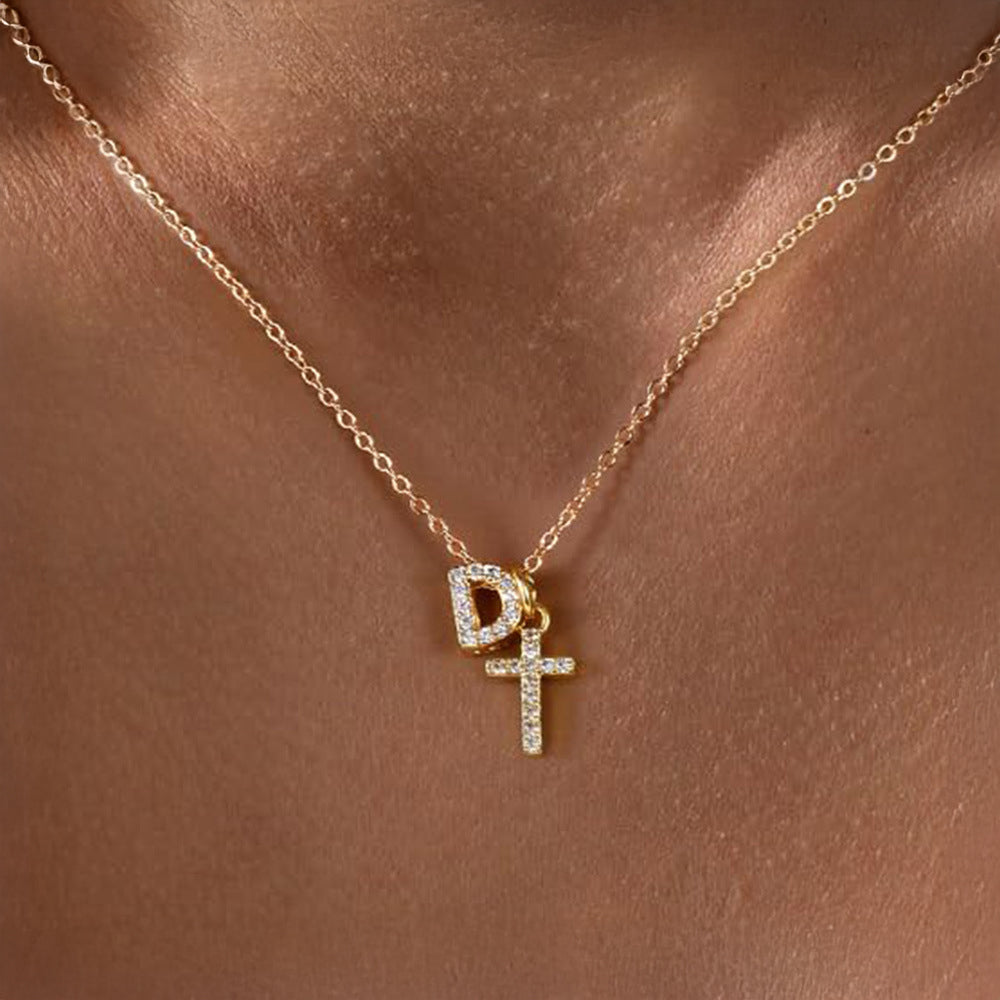 Dainty Diamond Initial & Cross Necklace