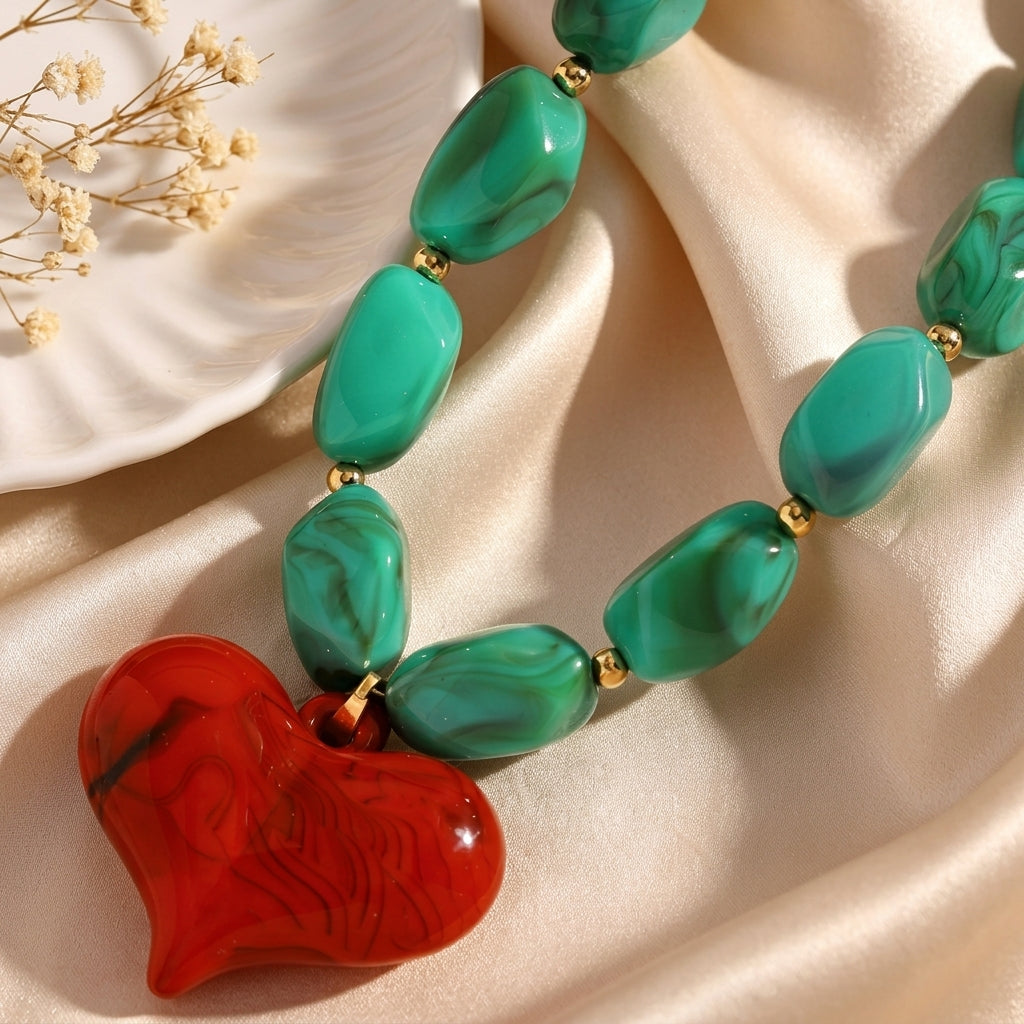 Chunky Resin Stone & Heart Necklace